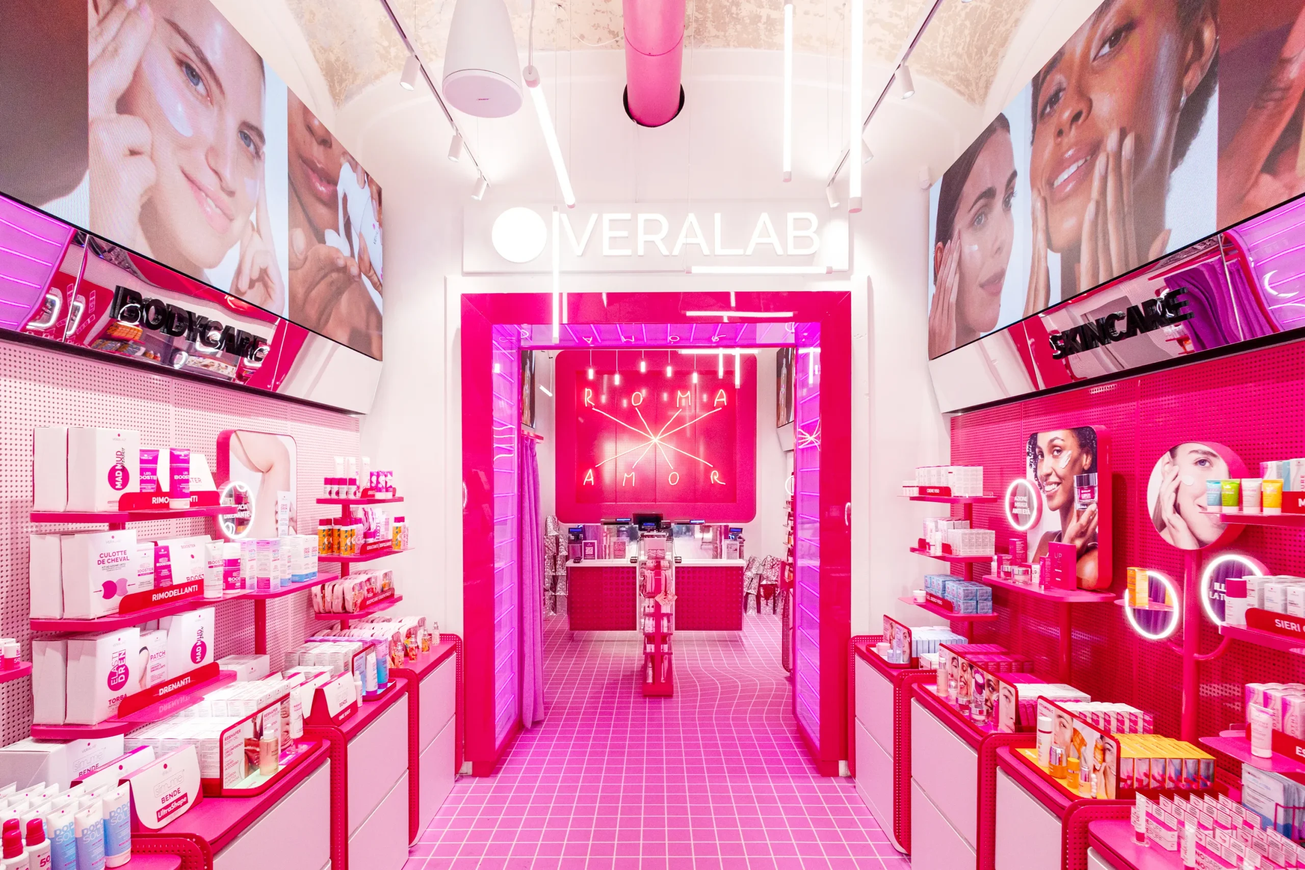 Retail LED display installation inside a Veralab flagship store in Italy