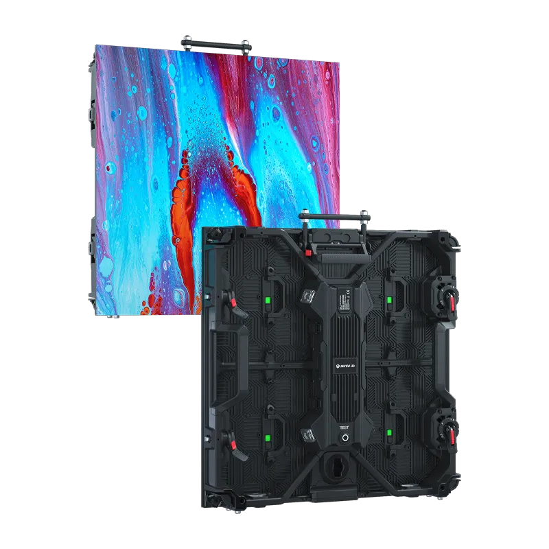 MT Series 500 × 500 mm fine-pitch rental LED cabinet shown from the display side and rear service side