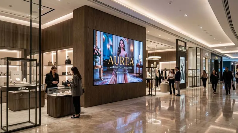 Dual-sided indoor LED display serving two viewing directions in a commercial interior