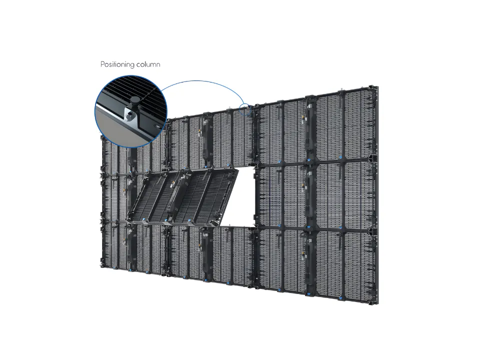 AM positioning column and independent cabinet removal from an assembled LED wall