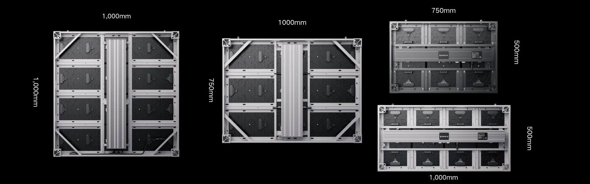 AQ Series cabinet size diagram showing 1000 mm and 750 mm cabinet formats for outdoor LED display layouts