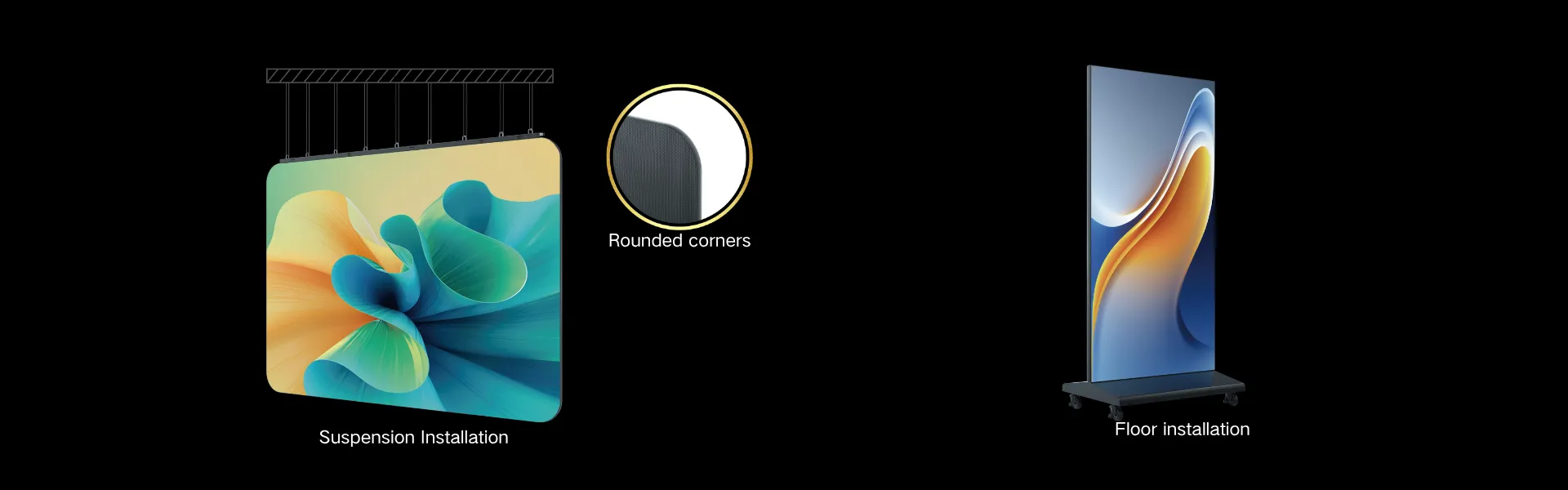 DualView suspended and floor-supported dual-sided LED display installation configurations