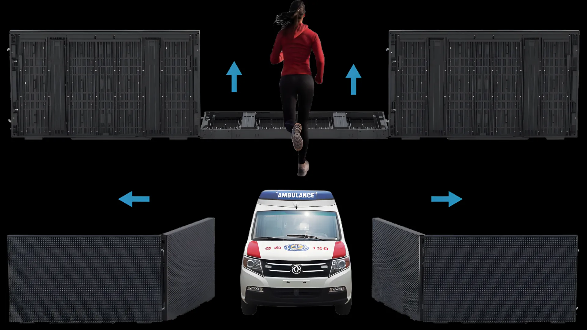 GM Series stadium perimeter LED cabinets arranged to create an emergency access route