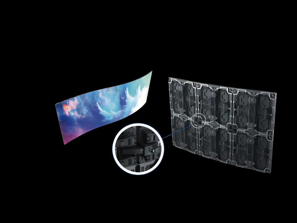 IW cabinets assembled into a curved vertical LED display