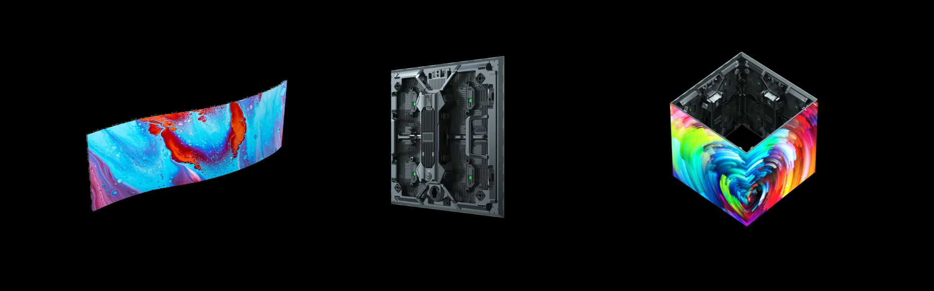 MT Series rental LED cabinets configured as a curved wall, vertical display, and cube installation