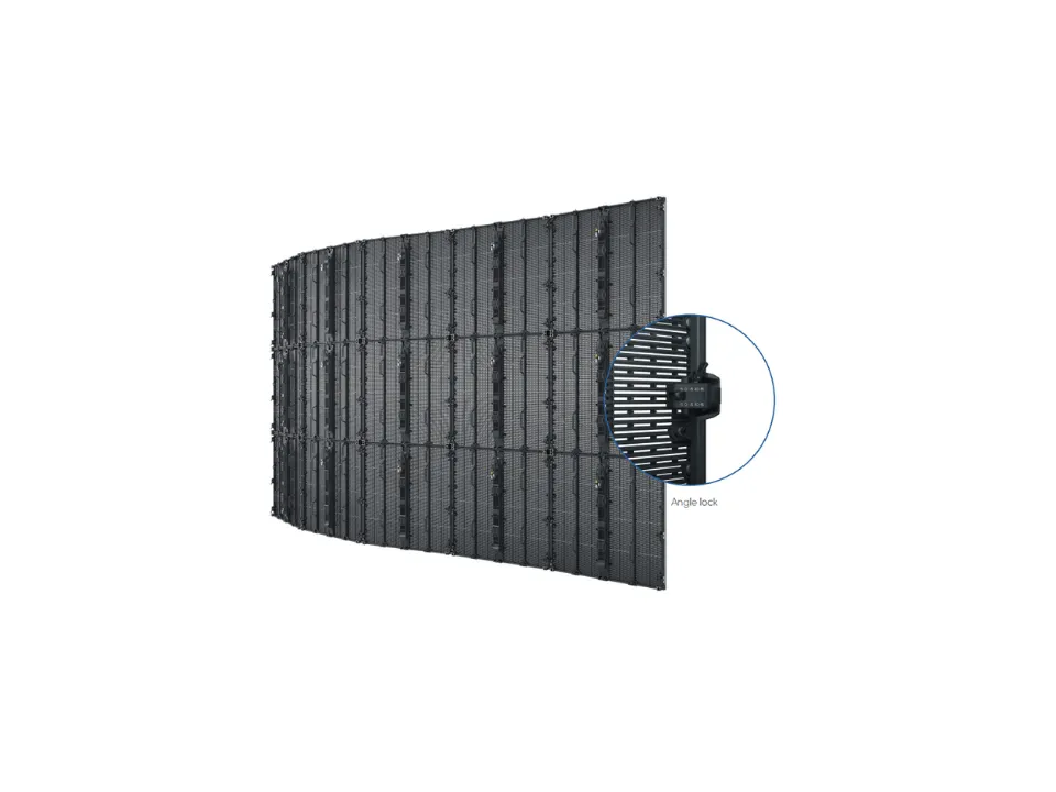 TSL transparent LED cabinets assembled in a curved wall with angle-lock detail