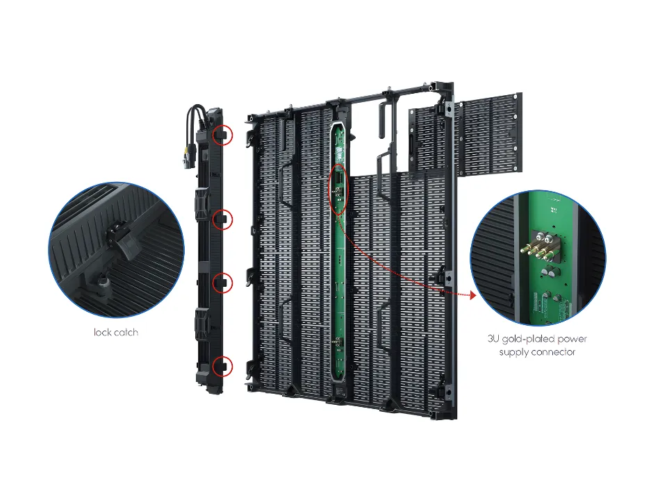 TSL cabinet lock catches and modular power connector structure