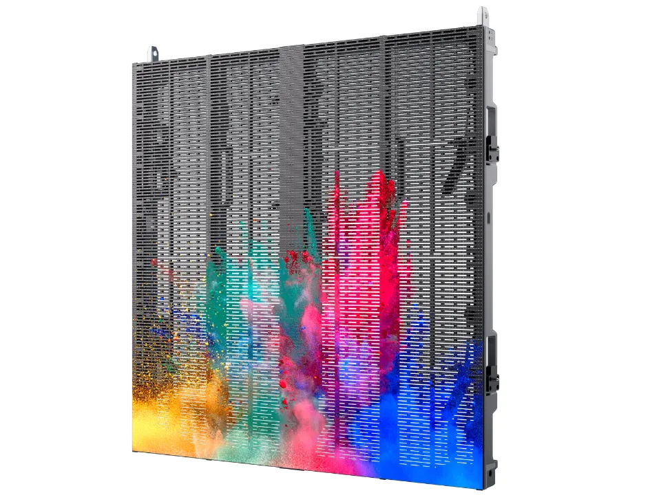 TST Series transparent LED cabinet displaying colorful stage content