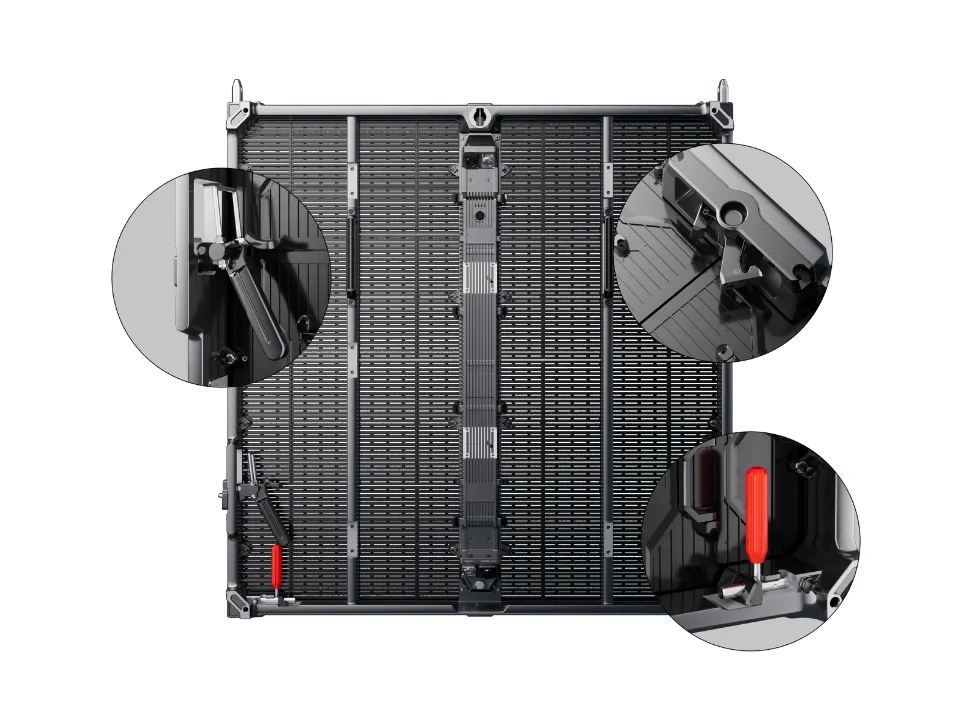 Rear view of TST Series cabinet showing locks positioning hardware and service components