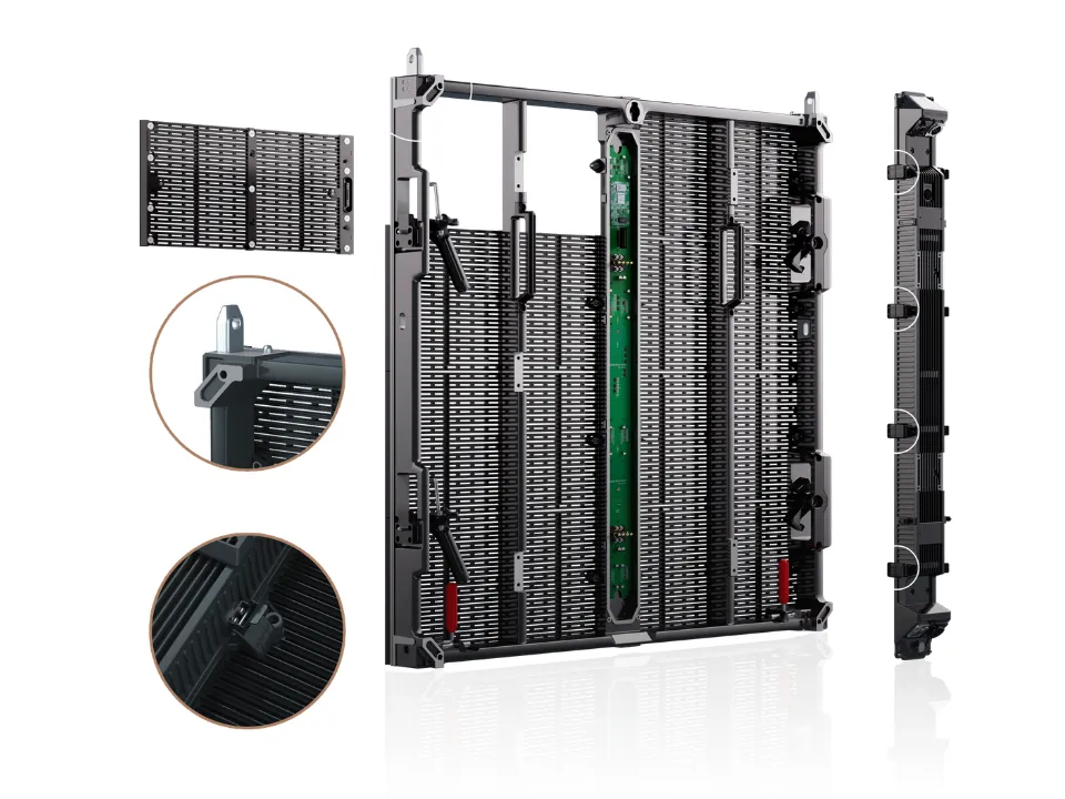 Exploded TST Series cabinet structure showing module frame and side profile
