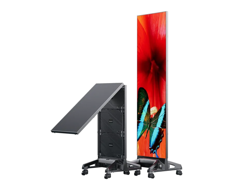 LED Poster 1.56 COB upright folded and rear views on wheeled bases