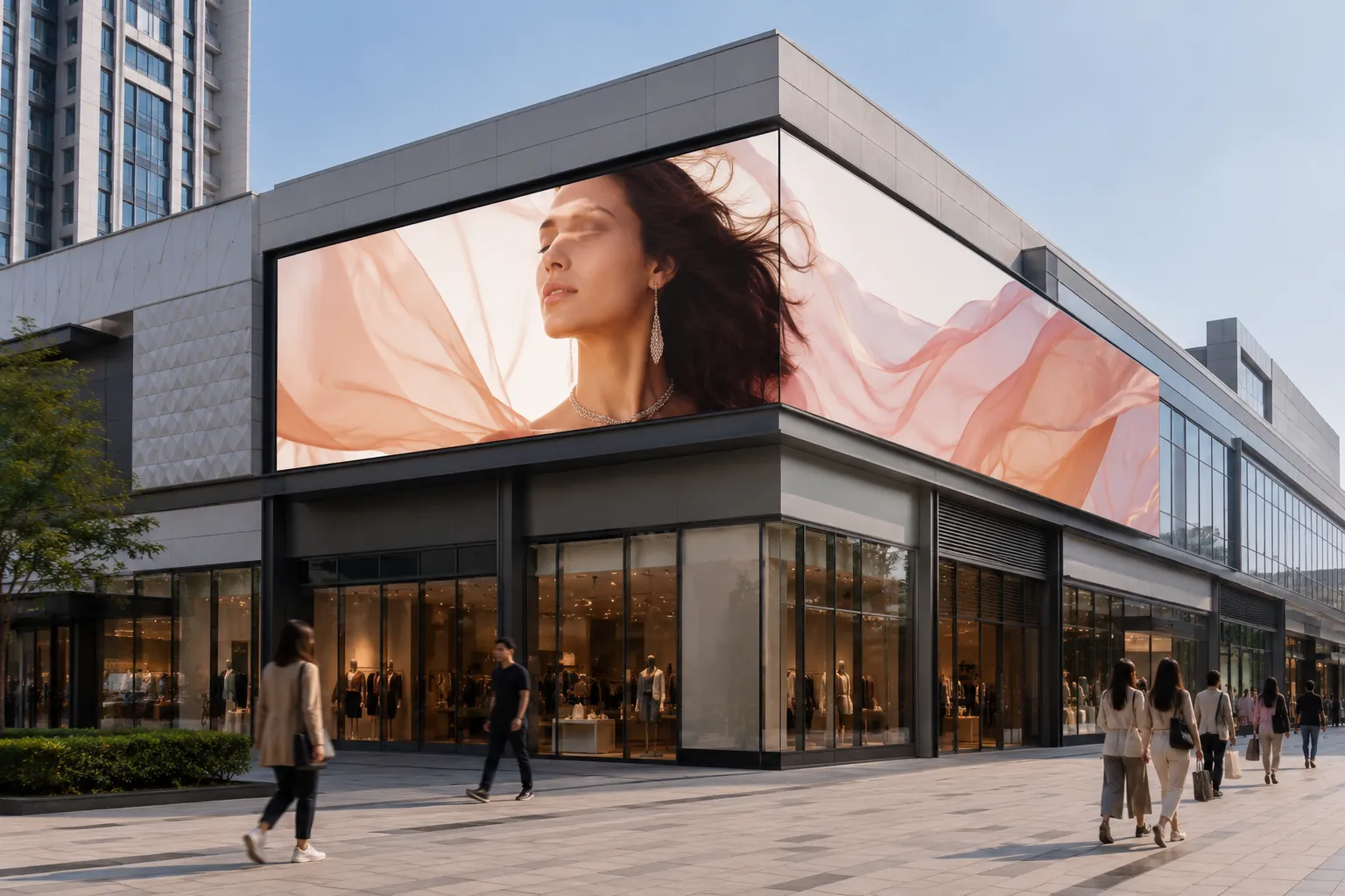 RK Pro outdoor fixed LED display integrated into a modern commercial building facade