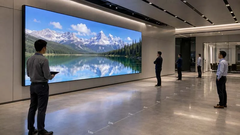 LED Display Viewing Distance guide with indoor LED video wall and distance markers