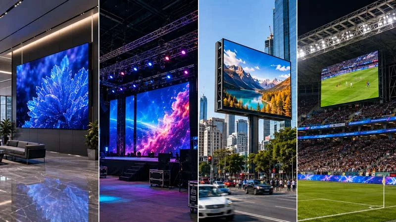 Hero image comparing fine-pitch indoor, rental, outdoor advertising, and stadium LED displays.