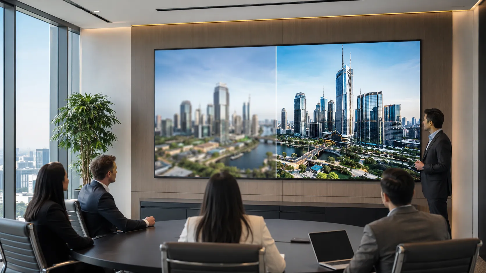 1080p vs 4K UHD LED wall image quality comparison in a close-viewing corporate boardroom