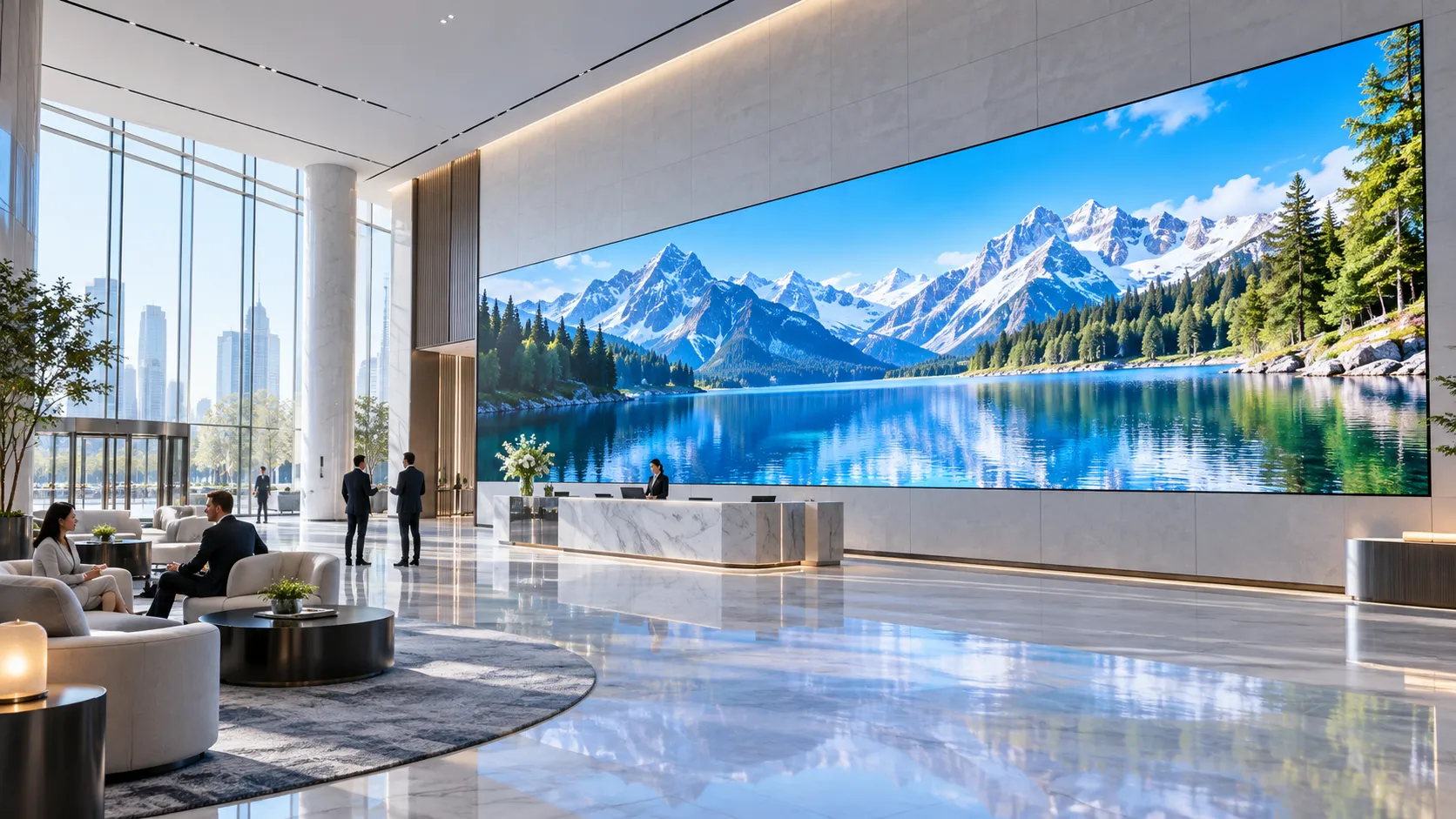 Large indoor fixed LED video wall in a premium commercial lobby