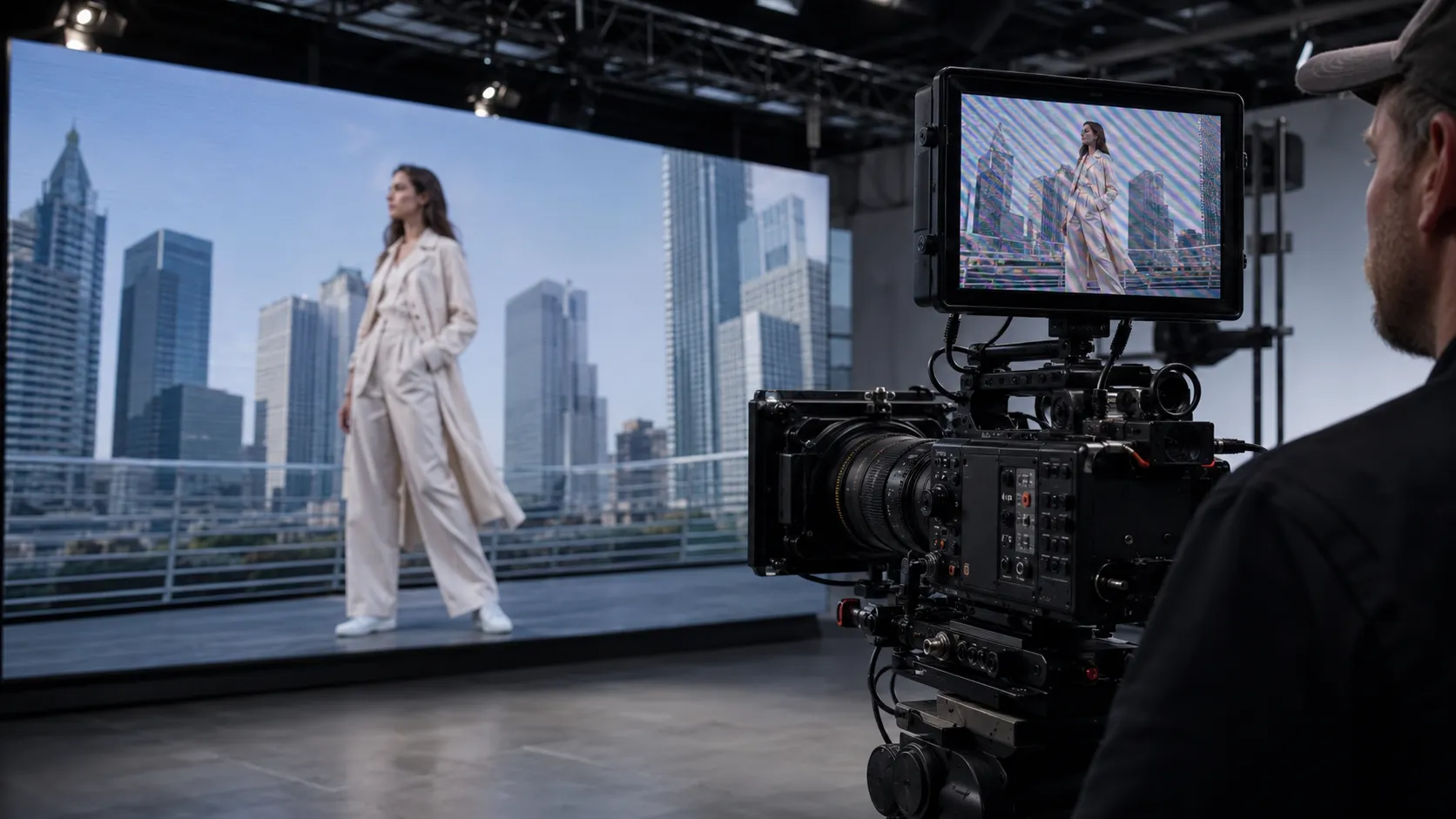 Professional cinema camera filming an LED wall with moire visible on the camera monitor