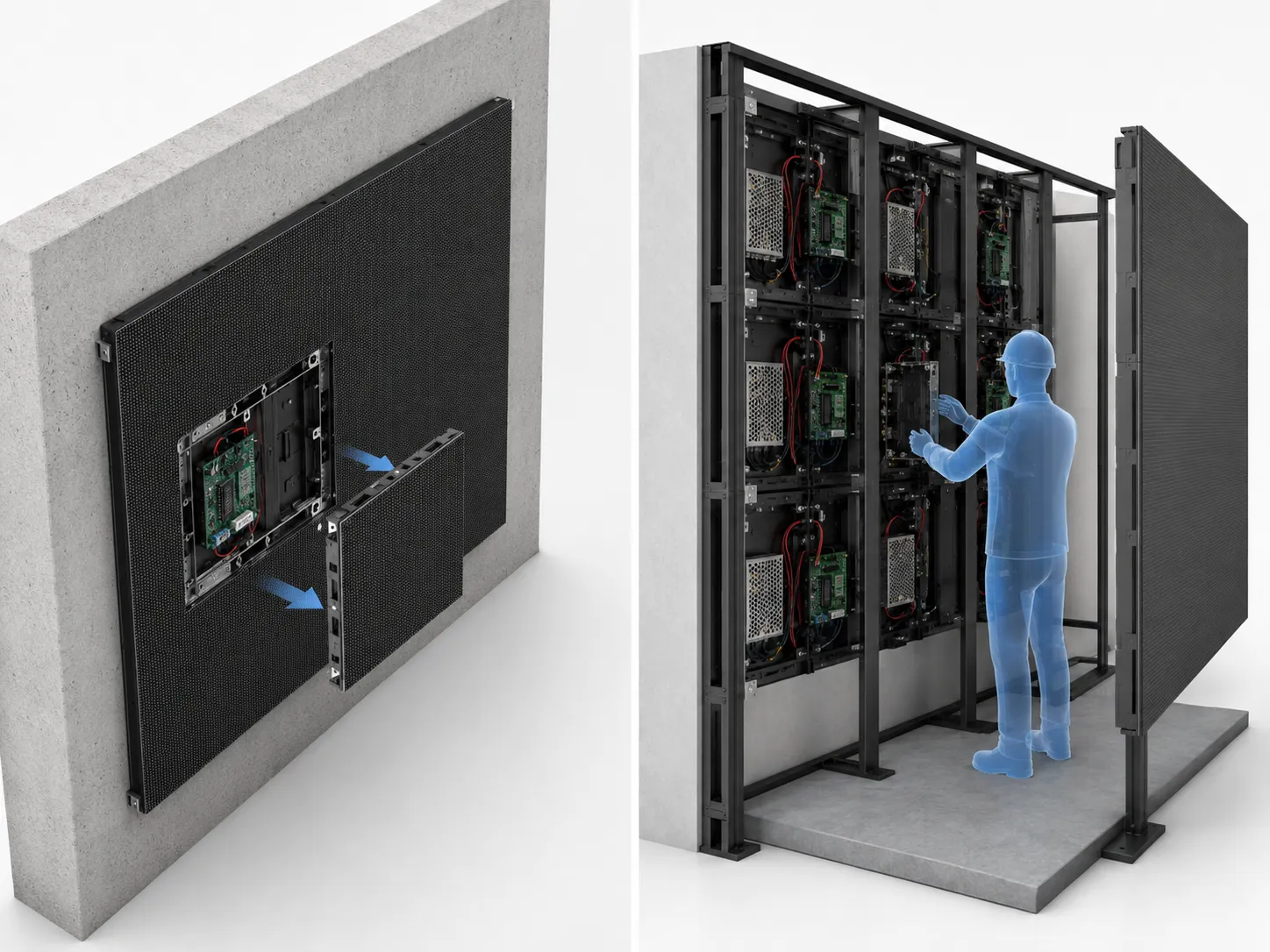 Technicians performing front maintenance on a wall-mounted LED display