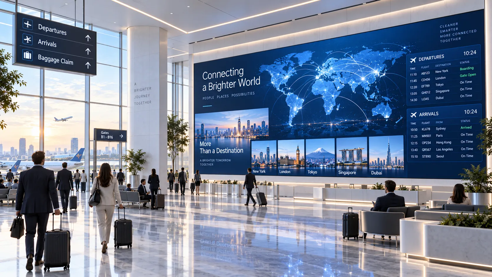 Large indoor LED information wall in an airport terminal